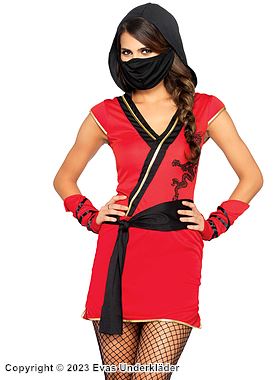 Weibliche Ninja (auch Kunoichi genannt), Kostüm-Kleid, Kapuze, Schärpe, Drachen